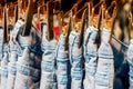 Jeans iron clothespins hanging in the closet