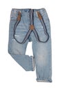 Jeans isolated. Trendy stylish blue denim pant or trousers for child boy with striped suspenders isolated on a white background.