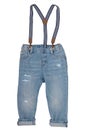 Jeans isolated. Trendy stylish blue denim pant or trousers for child boy with striped suspenders isolated on a white background.