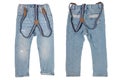 Jeans isolated. Trendy stylish blue denim pant or trousers for child boy with striped suspenders isolated on a white background.