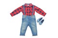 Jeans isolated. Trendy stylish denim pant or trousers for child boy with blue striped suspenders and a red checkered shirt and a