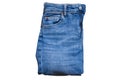 Jeans isolated on white, denim pants isolated, folded blue jeans isolated on white, summer clothes, cloth element mock up