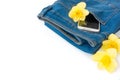 Jeans with Mobile Phone and Flowers on White Background Royalty Free Stock Photo