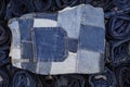 Jeans patchwork on jeans background , denim patchwork .