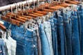 Jeans in second hand clothes store - denim pants