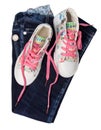 Jeans sneakers shoes isolated.Child's denim clothes concept.