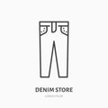 Jeans store flat line icon. Women apparel, denim pants sign. Thin linear logo for clothing shop