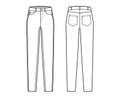 Jeans tapered Denim pants technical fashion illustration with full length, low waist, rise, 5 pockets, Rivets, belt loop