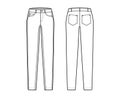 Jeans tapered Denim pants technical fashion illustration with full length, low waist, rise, 5 pockets, Rivets, belt loop