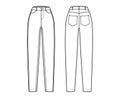 Jeans tapered Denim pants technical fashion illustration with full length, normal waist, 5 pockets, Rivets, belt loops