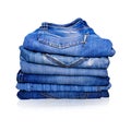 Jeans trousers stack on white background Royalty Free Stock Photo