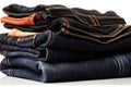 Jeans trousers stack on white background. Neural network AI generated Royalty Free Stock Photo
