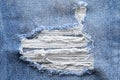 Jeans in wash blue with rip. Denim background, texture. Ripped d Royalty Free Stock Photo