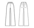 Jeans wide leg Denim pants technical fashion illustration with full length, normal waist, high rise, 5 pockets, Rivets