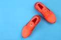 Jeddah Saudi Arabia July 22 2020 Pair of sport shoes on colorful background.  copy space. Overhead shot of running shoes. Top view Royalty Free Stock Photo