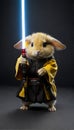 Jedi Mouse Mini Lop with Black & Yellow Fur Stands Tall on Hind Legs, Wielding Lightsaber