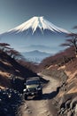 A jeep in an adventure of mountain road, Mount Fuji in the background, tree, wildplants, car, transportation, logo, t-shirt design Royalty Free Stock Photo
