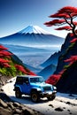 A jeep crossing a mountain road, hills, trees, wildplants, flower, Mount Fuji towering Majestically in the background, logo, car Royalty Free Stock Photo