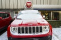 Jeep and Fiat group company logo on Czech dealership building on January 20, 2017 in Prague, Czech republic.