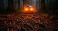 Jeep in Forest with Glowing Lights and Roots Royalty Free Stock Photo