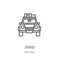 jeep icon vector from men item collection. Thin line jeep outline icon vector illustration. Outline, thin line jeep icon for