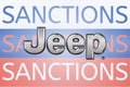 Jeep logo in front of the sanction text on the Russian flag. Fresh sanctions against Russia over its invasion of Ukraine