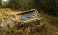 Jeep outdoors adventures. Road adventure. Adventure travel. Tires in preparation for race. Travel concept with big 4x4 Royalty Free Stock Photo