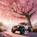 A jeep parked in mountain road, beneath a canopy of cherry blossoms tree, adventure, car, logo, t-shirt art, wild plants Royalty Free Stock Photo