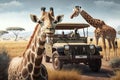 Jeep On Safari With Giraffes. Generative AI