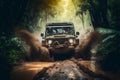 Jeep Safari 4x4 SUV Conquering Muddy Jungle Road. AI