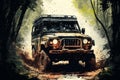 Jeep Safari 4x4 SUV Conquering Muddy Jungle Road. AI