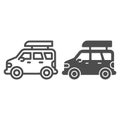 Jeep travel line and solid icon, Summer family leisure concept, Jeep with boat sign on white background, Adventure