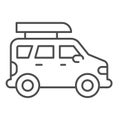 Jeep travel thin line icon, Summer family leisure concept, Jeep with boat sign on white background, Adventure traveler