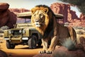Jeep Trekking Through African Plains, Majestic Lion Soaring In The Distance. Generative AI