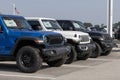 Jeep Wrangler display at a dealership. Jeep offers the Wrangler in Rubicon, Sahara, Sport and 4xe models. MY:2024