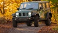 Jeep Wrangler driving a forest road Royalty Free Stock Photo