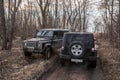 Jeep Wrangler and land Rover defender on a forest road Royalty Free Stock Photo