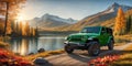 jeep wrangler sahara off road in spring wetland Royalty Free Stock Photo