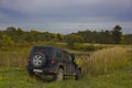 Jeep wrangler unlimited , SUV, black, off road, car, landscape ,nature, autumn, Russia, Ford, river, water, field, meadow, forest,