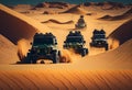 Jeeps drive through the desert. AI Generated