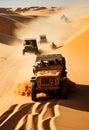 Jeeps drive through the desert. AI Generated