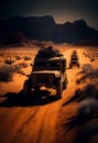 Jeeps drive through the desert. AI Generated