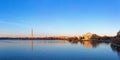 Jeffeerson Memorial and Washington Monument reflected on Tidal Basin.