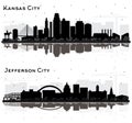 Jefferson City and Kansas City Missouri Skyline Silhouette Set Royalty Free Stock Photo