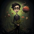 Quirky Illustration: Jeffrey With Carnivorous Plant In Tim Burton Style