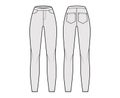 Jeggings technical fashion illustration with normal waist, high rise, full length, angled pockets. Flat Pants bottom