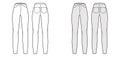 Jeggings technical fashion illustration with normal waist, high rise, full length, angled pockets. Flat Pants bottom