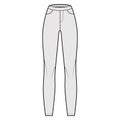 Jeggings technical fashion illustration with normal waist, high rise, full length, angled pockets. Flat Pants bottom