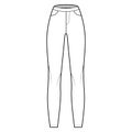 Jeggings technical fashion illustration with normal waist, high rise, full length, angled pockets. Flat Pants bottom