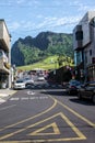 JEJU ISLAND, KOREA: View of Seongsan Ilchulbong Volcanic Cone from the town at the foothill. Royalty Free Stock Photo